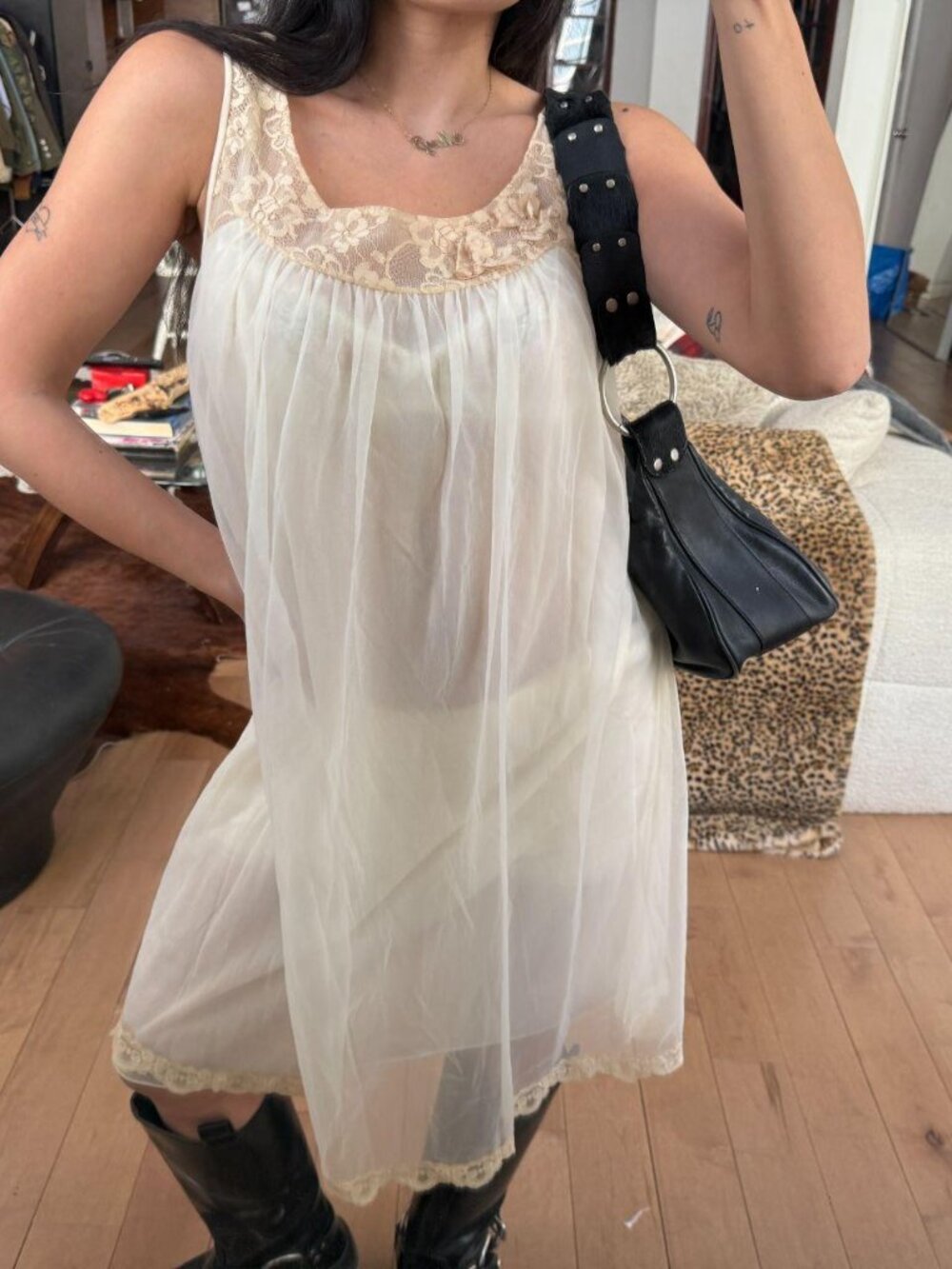 80s 90s Vintage Cream Lace Babydoll Dress Sheer Coquette Romantic - Picture 4 of 8